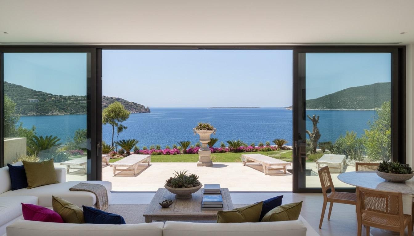 Aegean Residence — open-plan living room with panoramic sea view